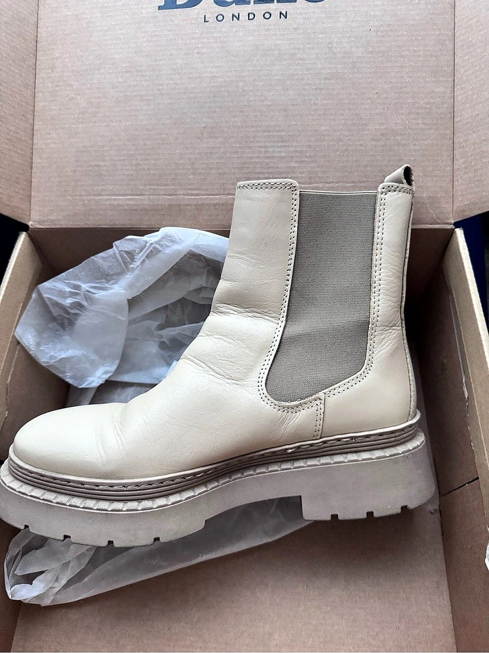 Dune London Palmz Ecru Leather Chunky Sole Chelsea Ankle Boots Cream EU 38 (7.5